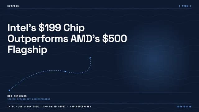 Intel Core Ultra 5 250K processor held in fingers against dark background with "INTEL just WON!" text overlay