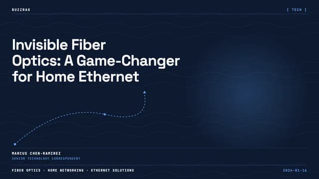 Hand holding a thin fiber optic cable against an orange background with network node graphics and "HIDDEN ETHERNET USING…