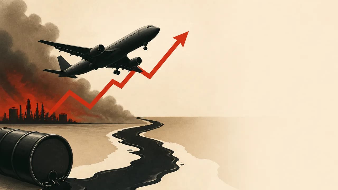 A commercial airplane silhouetted against the sky with a gas station price sign showing high fuel prices and a Vox logo in…