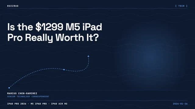 Hand holding iPad Pro displaying web browser and apps with M5 chip logo, neon lighting in background