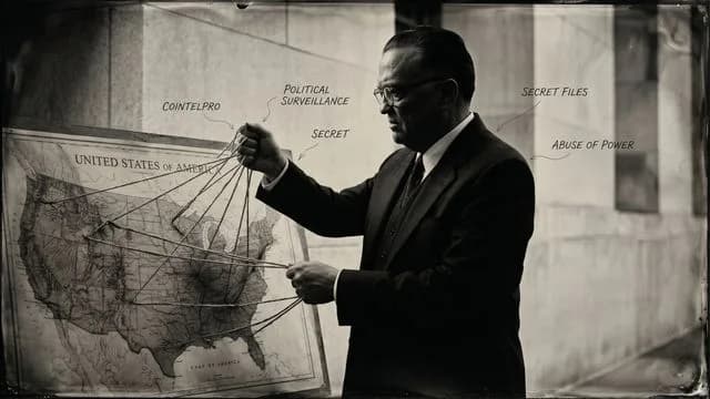 Black and white portrait of a man in formal attire with text overlay about J. Edgar Hoover's secrets and shocking details.