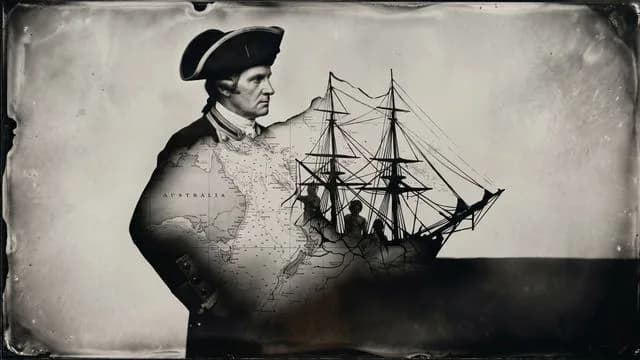 Portrait of an 18th-century man alongside a sailing ship in stormy seas with British flag, titled "Mapping the World
