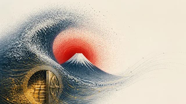 A map of Japan colored in red with a chained debt ball, alongside a man's portrait, illustrating Japan's debt situation…