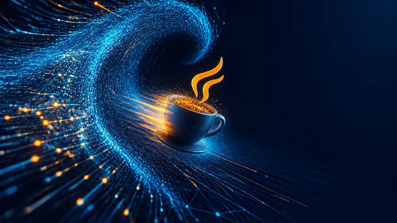 Man speaking at tech conference with headset microphone, gesturing toward screen displaying code or data visualization in…