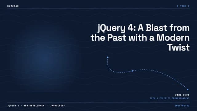 Elderly woman with glasses looking surprised, with jQuery 4 logo and text on black background