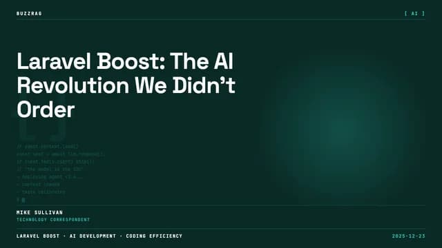 Dark background with "Boost" and "Laravel supercharged with AI" text on left, purple 3D geometric logo with nested squares…