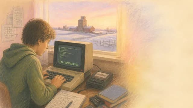 A man in a green shirt and a girl in a colorful sweater use a vintage computer with green screen in a wood-paneled 1980s…