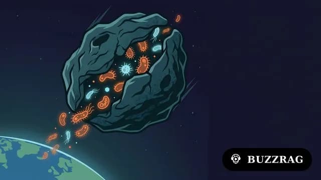 A woman in a maroon jacket points at her head against a starry background, with an illustrated asteroid containing green…