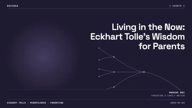 Eckhart Tolle looking thoughtfully at camera with text "BE MORE PRESENT" overlaid on black background