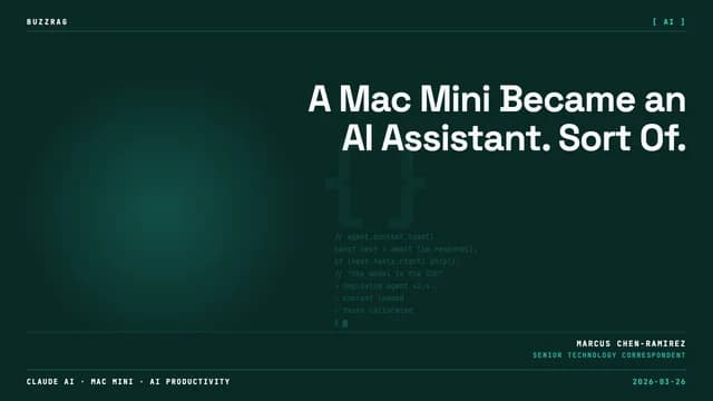 A retro-styled Mac mini displayed alongside a smartphone showing Claude AI interface, with a decorative fan and keyboard on…