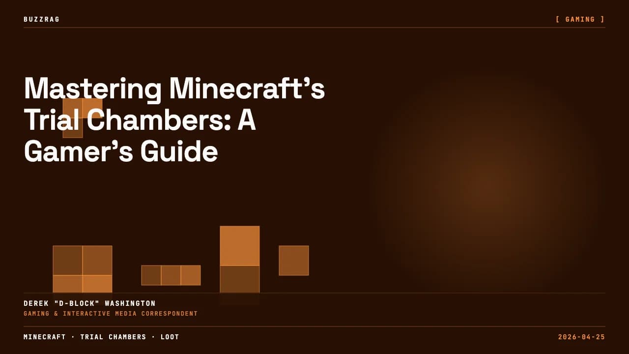 Two Minecraft characters stand in a brick corridor with red and green blocks, with "TRIAL CHAMBER GUIDE" text displayed above