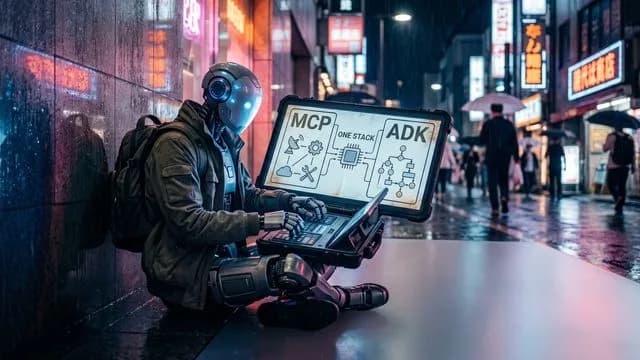 Two people discuss AI protocols against a digital background with code, with "think series" branding and "MCP VS ADK" text…