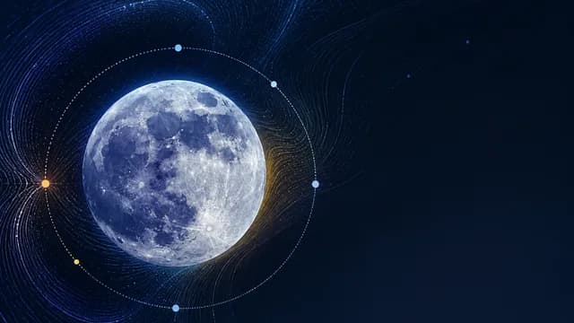 A group of silhouetted people with telescopes observe a glowing blue full moon above a desert landscape at night, with…