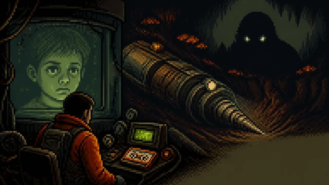 Sci-fi themed video game scene showing a humanoid figure lying on a medical bed with futuristic equipment and monitors in…