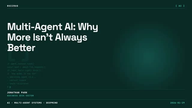 A man gestures while explaining a graph showing performance declining as agent count increases from one to multiple agents.