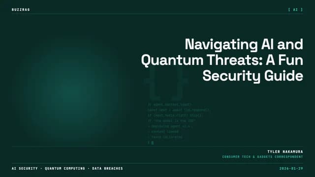 Two men in discussion with neon text overlay about AI, quantum computing, and cybersecurity risks in the background