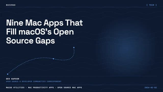MacBook displaying colorful app icons with "9 ESSENTIAL APPS" text, featuring a music control widget and various software…