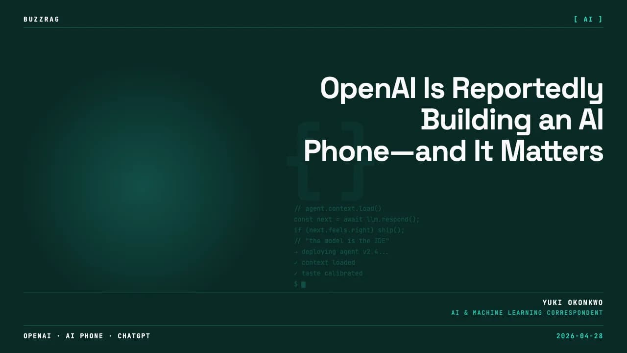Two men shake hands on stage beneath a giant glowing hand holding a blue smartphone, with "Hello, OpenAI phone" displayed…