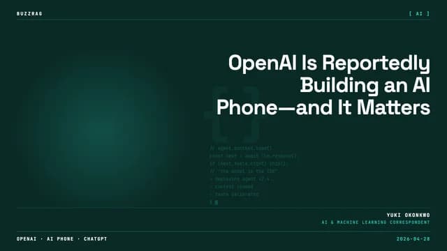 Two men shake hands on stage beneath a giant glowing hand holding a blue smartphone, with "Hello, OpenAI phone" displayed…