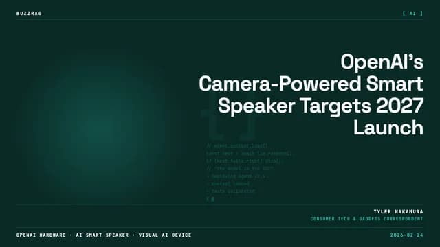 OpenAI's AI Vision Speaker device displayed on stage with two presenters and "INTRODUCING AI VISION SPEAKER" text on black…