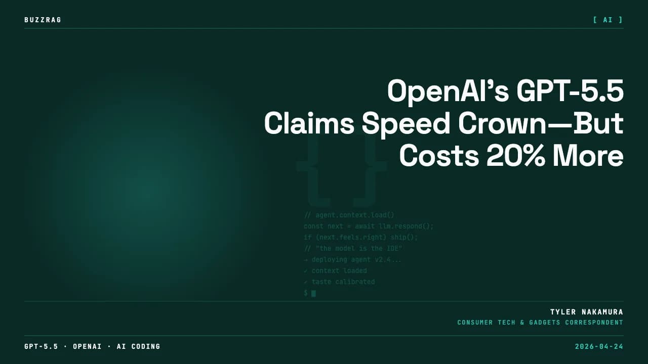 OpenAI logo with "INTRODUCING GPT-5.5" in large white text against a dark background with red glowing digital wave pattern