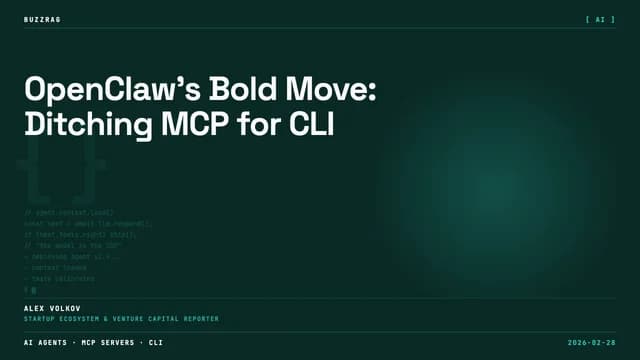 Man in gray sweater gestures toward a terminal window displaying "cli > mcp" with text "FOR AGENTS" above it against a dark…