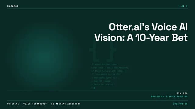 Founder of Otter.ai Sam Liang speaks against a black background with a glowing bell curve graph, emphasizing long-term…
