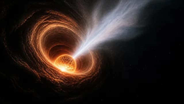 A bright light source with a white curved arrow points upward toward a purple and magenta energy beam radiating across a…