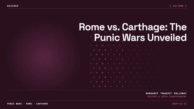 A bearded warrior in bronze helmet and armor alongside text about Hannibal Barca and the Punic Wars, with an ancient siege…