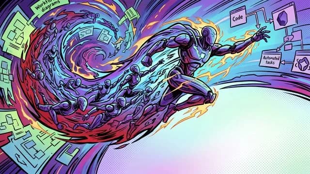 A shocked man's face beside glowing neon "RUFLO" sign with futuristic blue robots and explosive pink effects, "100 AGENTS"…