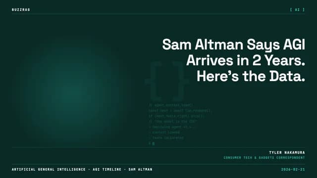 Man in business suit speaking at microphone in OpenAI office with yellow text overlay reading "ONLY 2 YEARS LEFT...