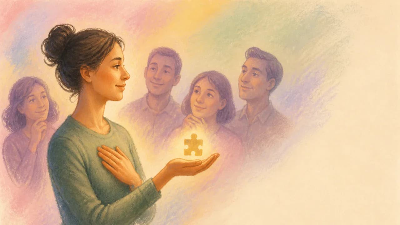 A confident figure stands out among others with seven circular icons below showing communication, leadership, listening,…