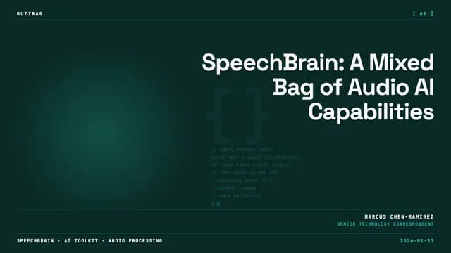 White text stating "ACTUALLY WORKS (MOSTLY)" with a yellow arrow pointing to a brain icon displaying blue sound wave…