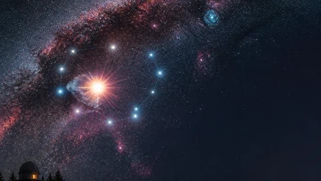Group of stargazers with telescopes on a mountain peak observing a bright exploding star in the night sky with "T CORONAE…