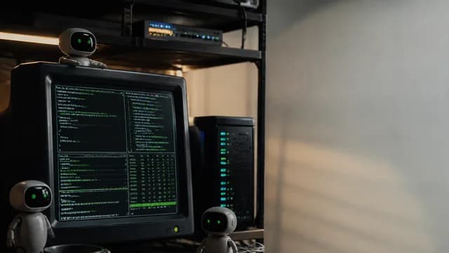 Man with shocked expression beside tmux terminal windows displaying server logs, system information, and test results with…