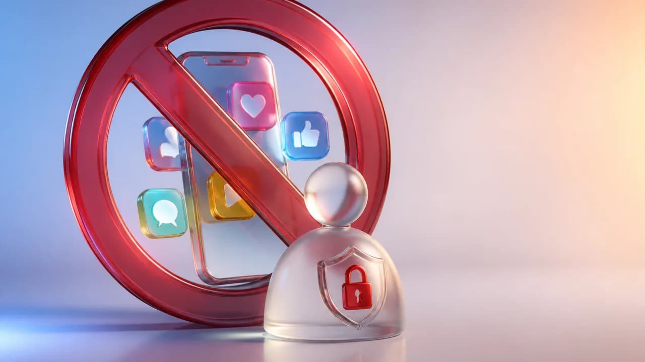 Phone screen displaying social media app icons (Facebook, YouTube, Instagram, WhatsApp, TikTok, WeChat) with "SOCIAL MEDIA…