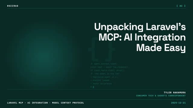 MCP logo on purple glowing screen with Laravel branding on black background, promoting AI server development tools