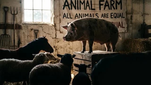 A pig with a human face superimposed dominates the center, flanked by two men in red lighting, with "ANIMAL FARM" text below