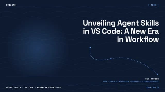 A smiling man in a dark sweater gestures toward text about Agent Skills in VS Code against a blue background with the…