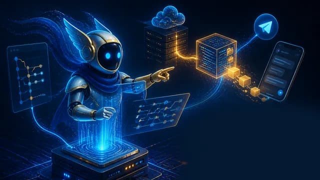 Developer presenting setup guide with terminal, chat interface, and AI avatar on purple-lit background