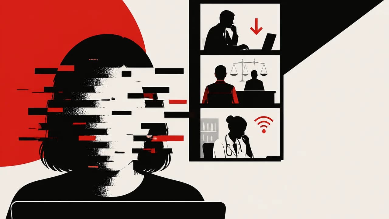Six people on a video call grid with "DENIED PAROLE" text overlay and digital glitch effects, with Sci Show logo in corner
