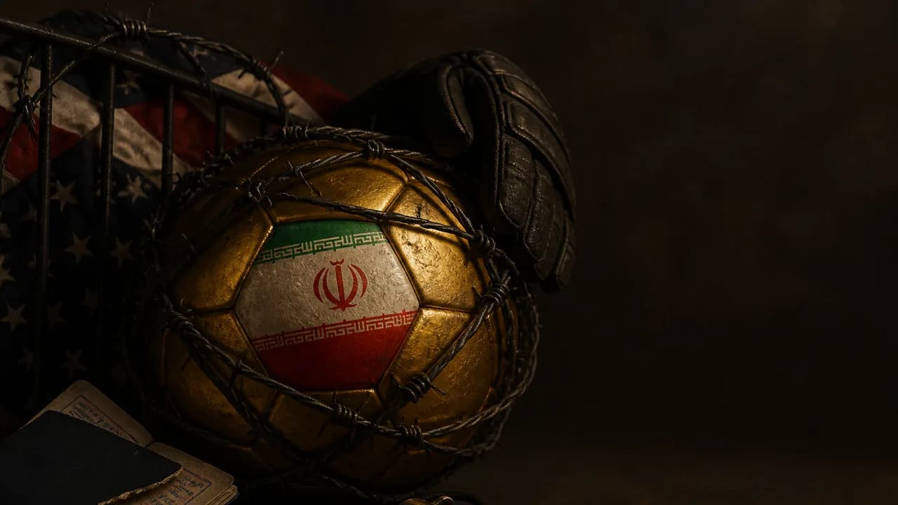 Iranian national football team in white jerseys stands behind a portrait of a political figure against a stadium…