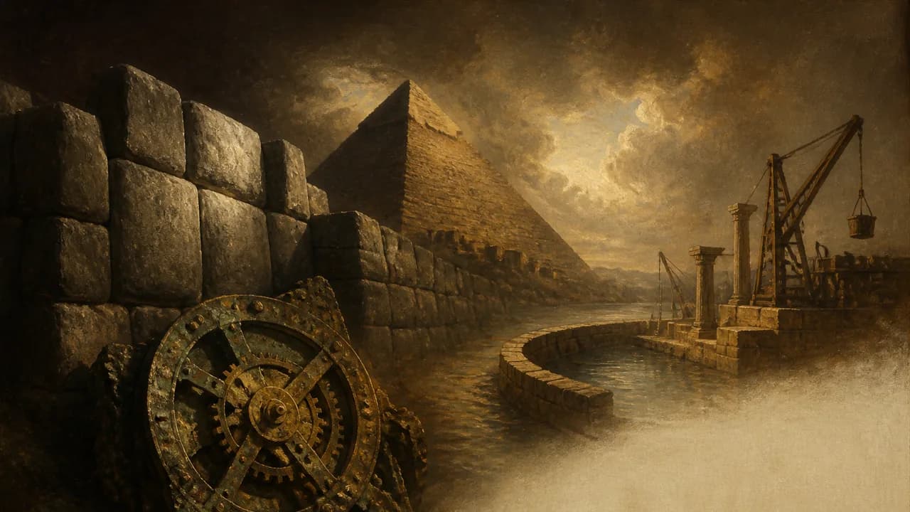 An illustrated figure examines ancient artifacts and scrolls with geometric symbols against a dramatic black and red…