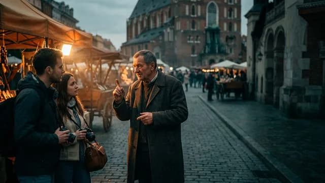 Smiling bearded man giving double thumbs up in a colorful European town square with historic architecture