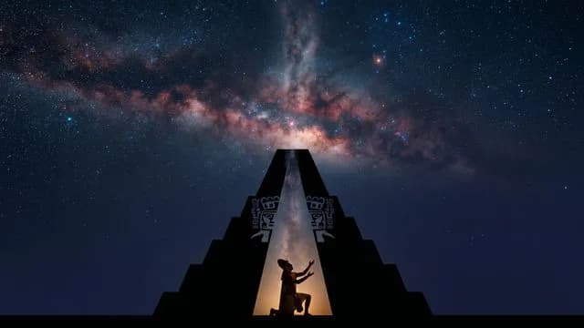 A skull with glowing golden eyes and a futuristic pyramid with blue energy hover above clouds, with "THEY WENT BACK?" text…