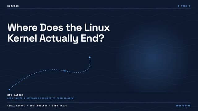 A man with crossed arms stands beside a red arrow pointing to text about Linux being a kernel rather than an operating…