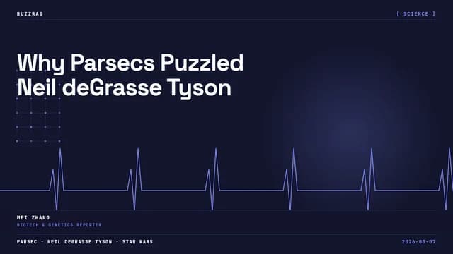 Two men with surprised expressions flank a diagram showing a star's parallax measurement, with "WHAT IS A PARSEC?" overlaid…