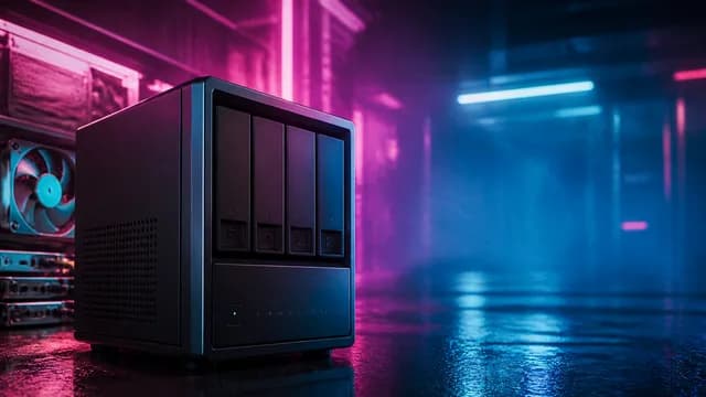 A server enclosure with six drive bays and gold accents against a blue background, overlaid with red and magenta text…