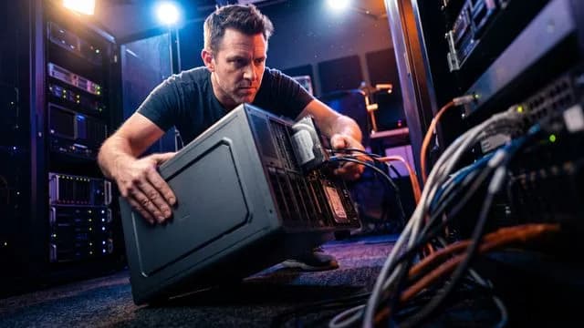 Man in glasses contemplating beside a compact NAS device with ZimaOS interface displayed on monitor behind him.