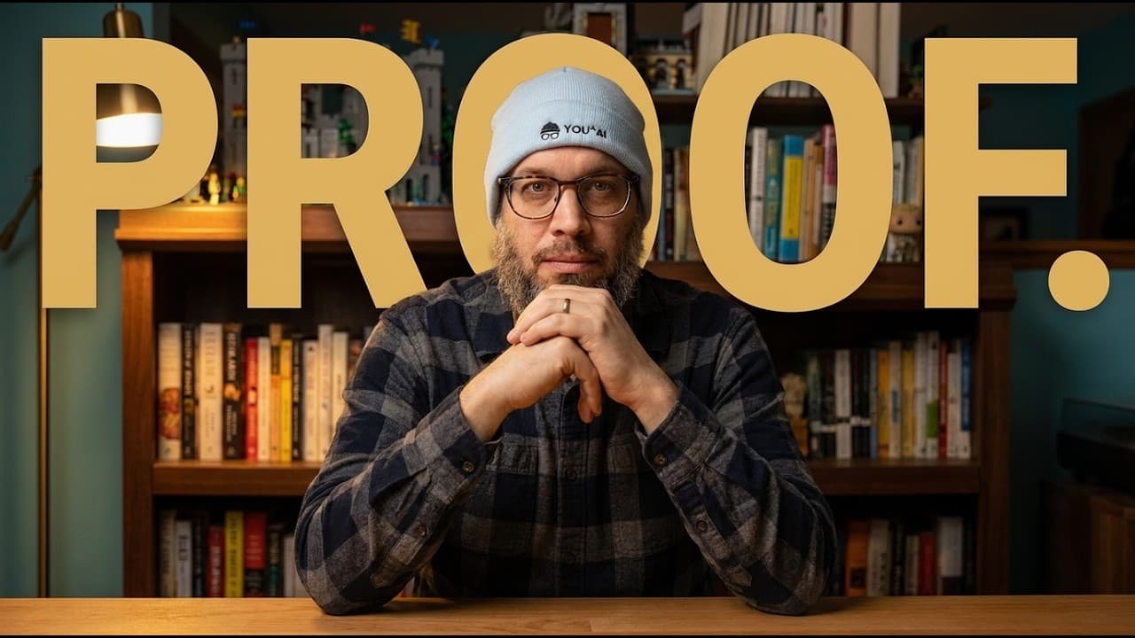 Man in beanie and glasses sitting at desk with bookshelves behind him, large yellow "PROOF" text overlaid on image